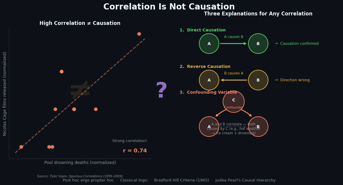Two variables can be strongly correlated without either causing the other
